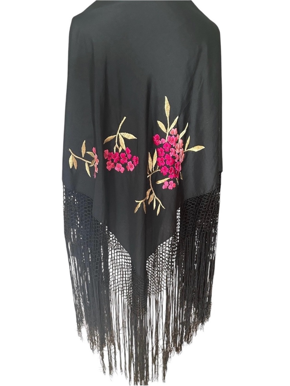 Vintage 1920-30s Black Silk Embroidered Piano Shawl with 21” Fringe - Picture 5 of 12